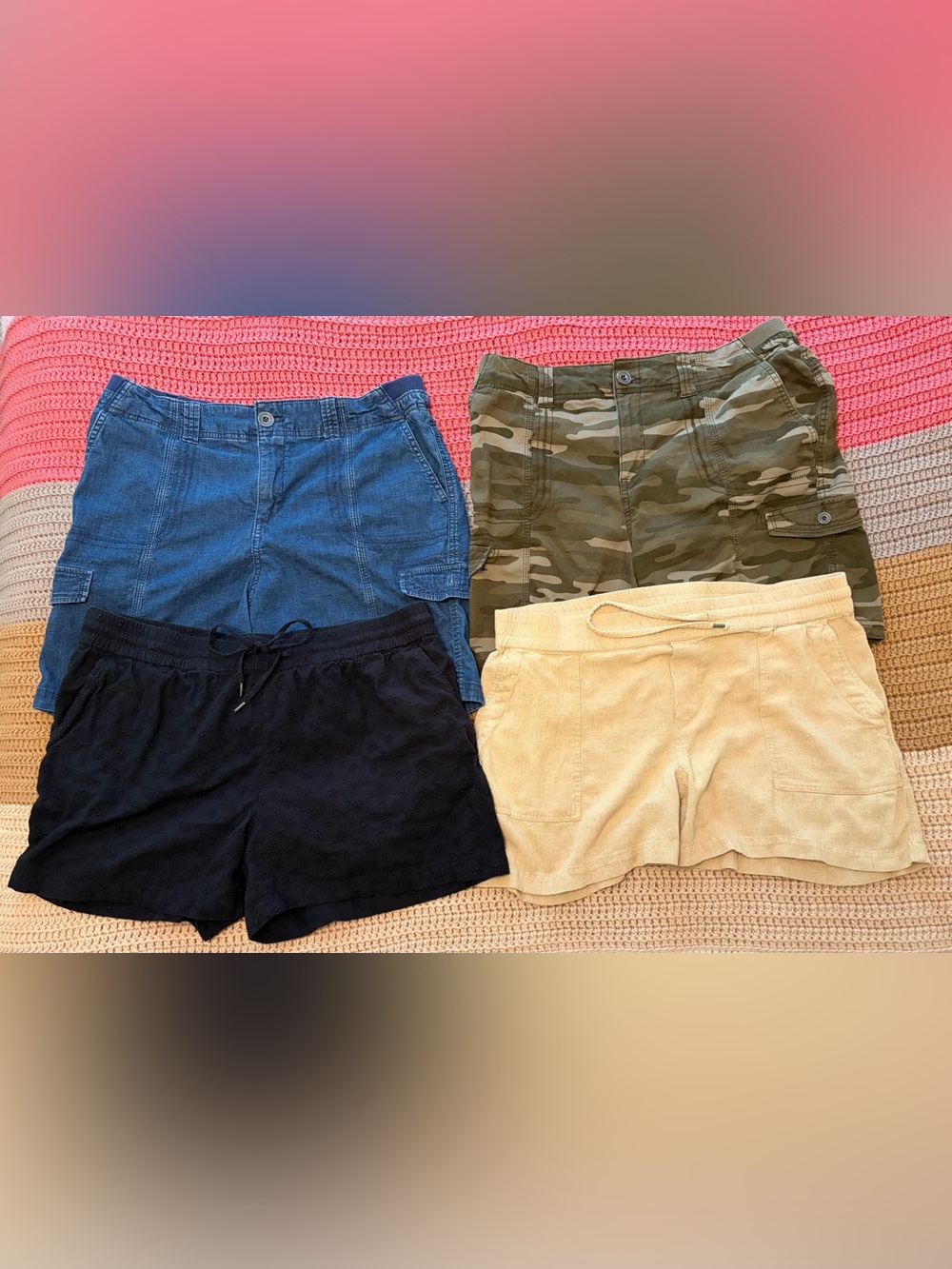Style & Co. Women Shorts - Bundle / Lot of 4 Camo, Eyelet, Linen Blend, Blue